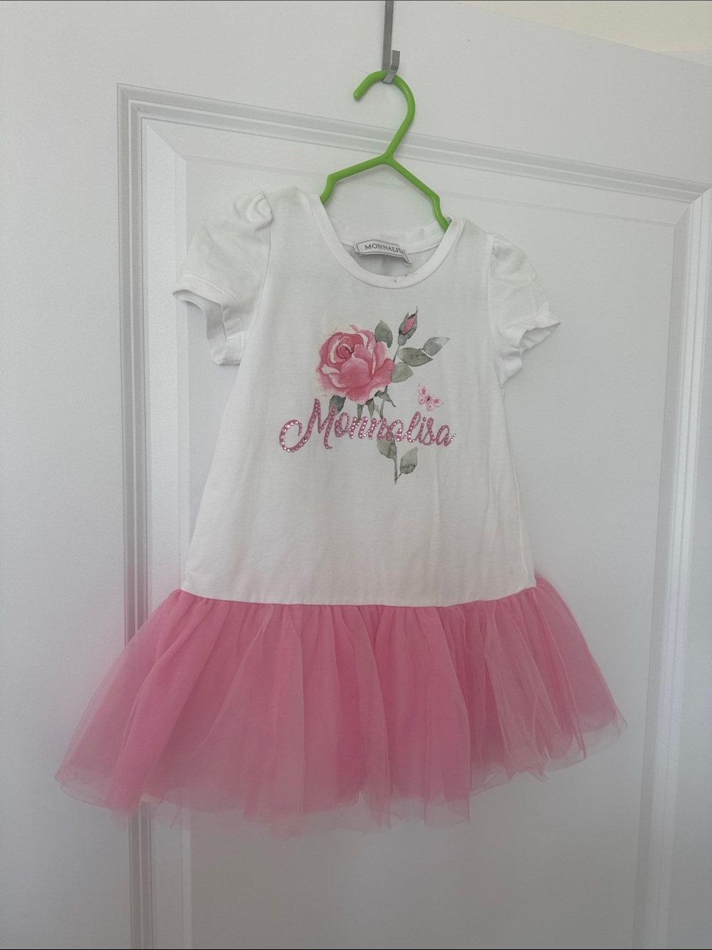 MonnaLisa White and Pink Floral Logo Tulle Dress